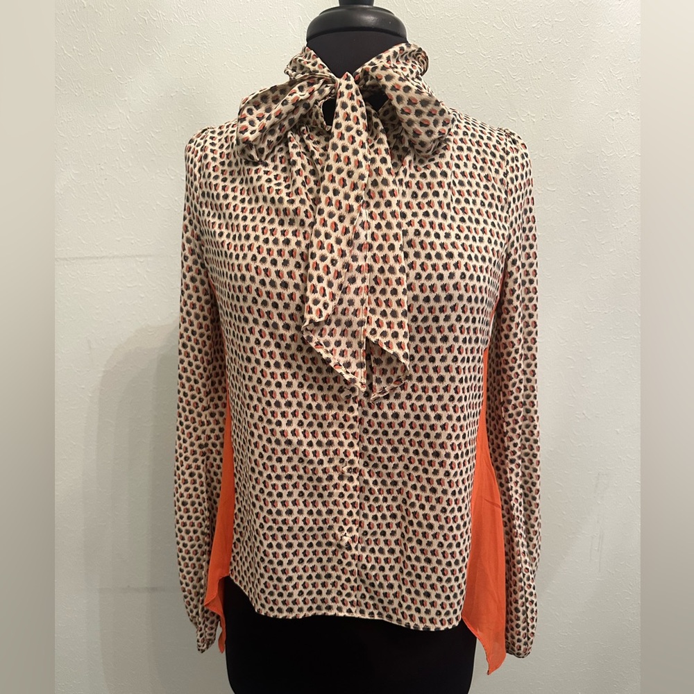 Ryu Cream and Black Polka Dot Blouse with Orange Accents